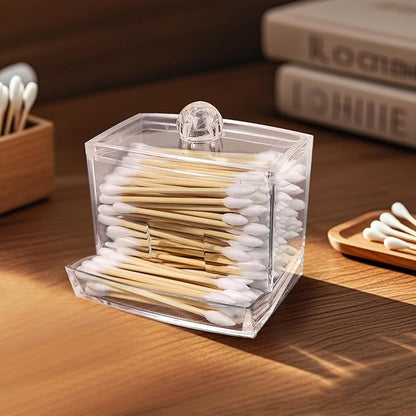 Clear Acrylic Qtip Holder Dispenser, Apothecary Jar for Cotton Swab, Ball & Floss Picks, Small Bathroom Countertop Organizer and Storage, Modern Vanity Decor