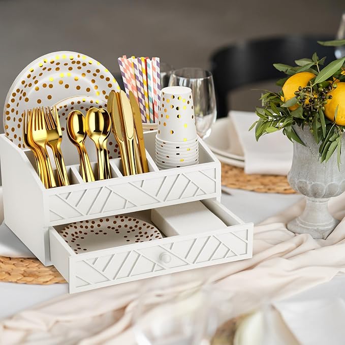 Marsui Paper Plate Dispenser, Wood Rustic Paper Plate Holder for Countertop with Drawer Silverware Utensil Caddy, Cutlery Flatware Organizer for Spoon Fork Napkins Kitchen Parties(White)