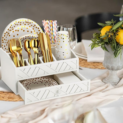 Marsui Paper Plate Dispenser, Wood Rustic Paper Plate Holder for Countertop with Drawer Silverware Utensil Caddy, Cutlery Flatware Organizer for Spoon Fork Napkins Kitchen Parties(White)