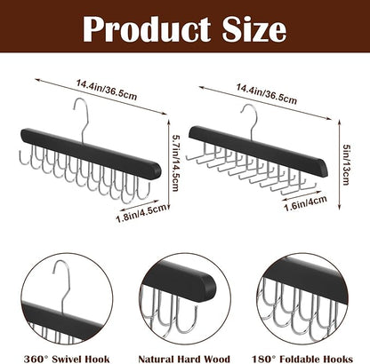 4 Pack Tie Rack and Belt Hanger 2 in 1, Wooden Tie Organizer for Closet with 20 Foldable Hooks, Space Saving Necktie Holder and Belt Organizer, Black