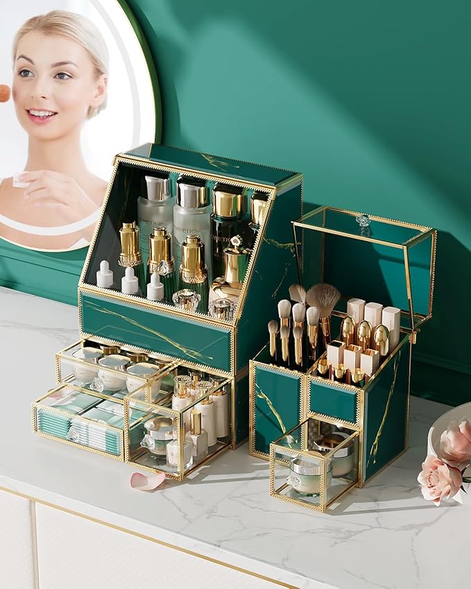 CoralHouse Makeup Organizer Green– Large Vanity Organizer for Skincare, Lipsticks, Perfume & Brushes – Countertop Cosmetic Storage Box for Women, Bathroom or Dresser.