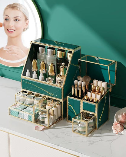 CoralHouse Makeup Organizer Green– Large Vanity Organizer for Skincare, Lipsticks, Perfume & Brushes – Countertop Cosmetic Storage Box for Women, Bathroom or Dresser.