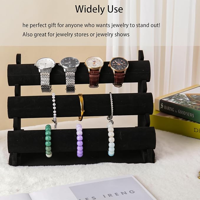 3 Tier Bracelet Holder Display, Velvet Watch Organizer Stand for Selling, Detachable Jewelry Racks for Vendors(Black)
