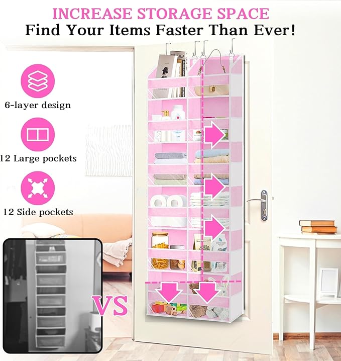 Over The Door Organizer 6 Tiers, Extra Large Behind Door Storage of 12 Compartments, 80 lbs Weight Capacity Hanging Storage Organizer with Clear Window Kids Toys,Shoes,Diapers,Room Storage,Pink