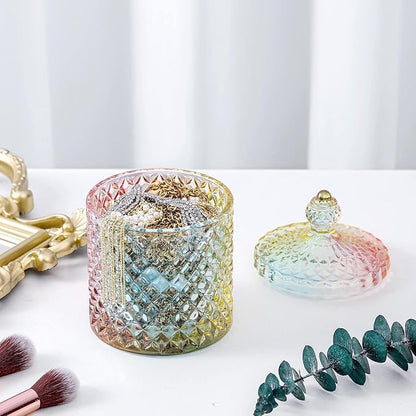 rejomiik Qtip Holder Glass Apothecary Jars with Lid Bathroom Accessories Vanity Organizers and Makeup Storage for Cotton Swabs, Makeup Sponges, Bath Salts, Canister Dispenser, 2 Pack Rainbow