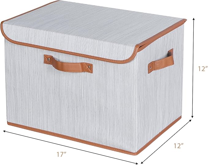 Univivi Heavy Duty Fabric Storage Bins with Lid, Large 17" 10 Gallon Stackable Storage Bins with Leather Handles, Decorative Storage Boxes with Lids for Bedroom, Closet, Nursery, Office, 3-Pack(Grey)