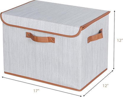 Univivi Heavy Duty Fabric Storage Bins with Lid, Large 17" 10 Gallon Stackable Storage Bins with Leather Handles, Decorative Storage Boxes with Lids for Bedroom, Closet, Nursery, Office, 3-Pack(Grey)
