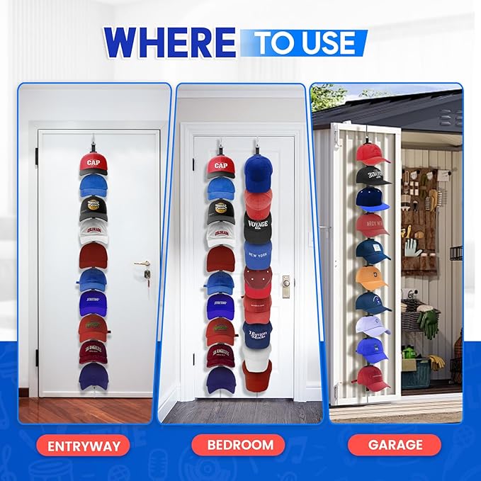 Hat Organizer for Baseball Caps, Over the Door Hat Rack with 10 Display Hooks and Hanger, 2-Way Hanging Hat Storage and Hat Holder for Bedroom, Entryway or Garage Doors – 1 Pack