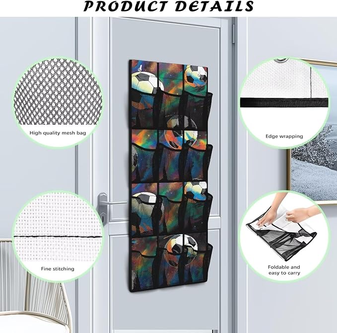 Tie-Dye Soccer Ball Over Door Hanging Organizer, 12 Colorful Pockets Sports Decor Storage for Dorm Room & Game Room, No Drill Easy Install for Shoes & Balls