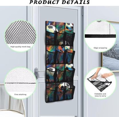Tie-Dye Soccer Ball Over Door Hanging Organizer, 12 Colorful Pockets Sports Decor Storage for Dorm Room & Game Room, No Drill Easy Install for Shoes & Balls