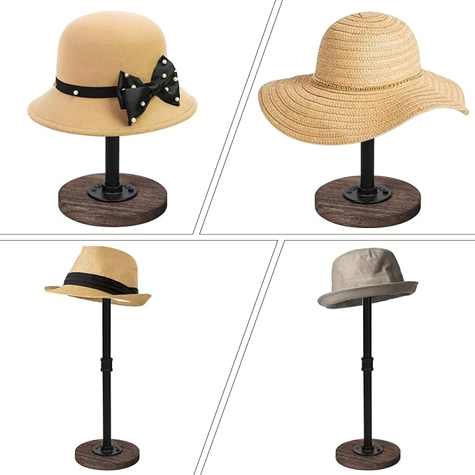 4Pcs Tabletop Hat Stand Cap with Height Adjustment, Industrial Metal Pipe Rustic Burnt Wood Hat Rack, Wig Rack for Chapeau, Cowboy Hat, Helmet