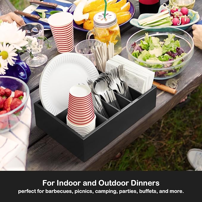Black Utensil Holder for Party - Wooden Paper Plate and Utensil Caddy for Countertop - Silverware Caddy for Cup Fork Spoon Napkin - Cutlery Organizer for Kitchen Camping Buffet Picnic