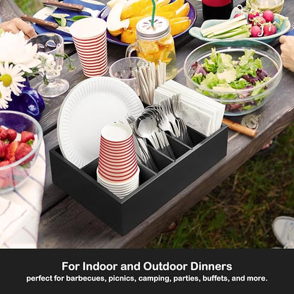 Black Utensil Holder for Party - Wooden Paper Plate and Utensil Caddy for Countertop - Silverware Caddy for Cup Fork Spoon Napkin - Cutlery Organizer for Kitchen Camping Buffet Picnic