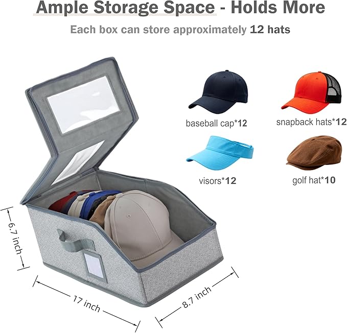 2 Pack Hat Boxes for Women and Men Storage,Fitted Perfect Curve Hats Organizers for Baseball Caps,Hat Holders for Closet,Stackable Hard Hat Travel Cases with Lids,Each for 12 Hats (Grey 2pcs)