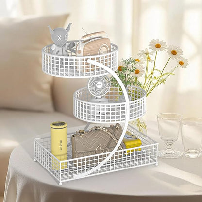 BCWW 3 Tiers Makeup Organizer Countertop Multi Bathroom Counter Organizer Metal Fruit Basket Perfume Skincare Organizers Holder for Vanities, Cabinet, Cosmetic, Dresser Organizer (White)