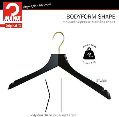 MAWA by Reston Lloyd, European Wooden Hanger, Beech Wood Straight Hanger with Shoulder Notches, Rotating Gold Hook, Black Finish, for Shirts, Blazers, Dress Clothes, Set of 5 (27115)