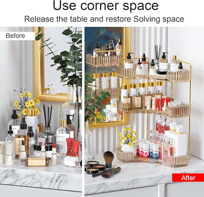 GTI 3-Tier Corner Bathroom Counter Organizer, Large Capacity Makeup Organizer Countertop, Perfume Cosmetics Skincare Vanity Organizers, Exquisite Countertop Storage for Women (Amber)