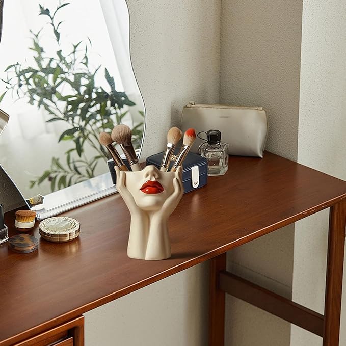 Women's Head Shape Boho Feminist Decoration, Minimalist Statue Storage Decor Face Makeup Brush Holder, Modern Statue Storage Makeup for Table Shelf Living Room Office (Beige 4.72 * 6.69 * 3.15in)