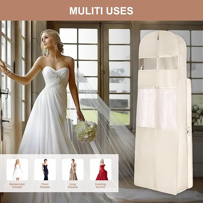 Foldable Wedding Dress Garment Bag for Travel, Hanging Garment Bag for Travel for Gowns and Long Dresses (White, 1PCS-72‘’)