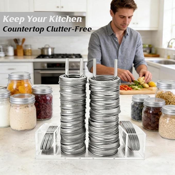 2-In-1 Mason Jar Lid Organizer, Acrylic Lid Storage Organizer for Regular & Wide Mason/Canning Lids, Holds 14 of Each Size, Canning Rack for Cabinet, Countertop & Pantry