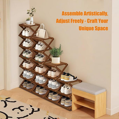 YYW Shoe Rack, Foldable Bamboo Shoes Shelf, Freestanding Shoe Storage Organiser for Entryway, Bedroom, Closet, Hallway Functional, Natural Shoe Rack (Brown, 6 Layers)