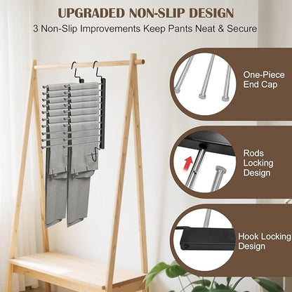 Pants Hangers Space Saving for Closet, 10-Tier Metal Jean Hangers Organizer, Collapsible Non-Slip Trouser Hangers, Magic Rotational Pant Rack for Display and Storage, College Dorm Essentials