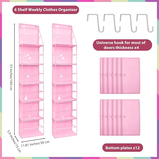 2 Pcs 6-Shelf Weekly Clothes Organizer for Kids Daily Hanging Closet Organizer with 2 Sets Week Day Stickers Foldable Days of The Week Behind Door Hanging Storage Shelves