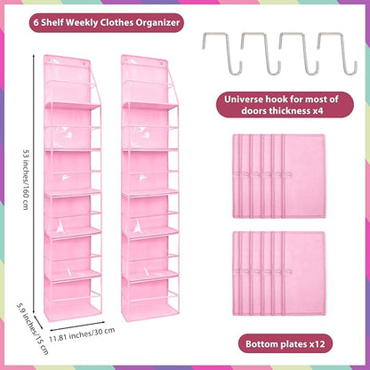 2 Pcs 6-Shelf Weekly Clothes Organizer for Kids Daily Hanging Closet Organizer with 2 Sets Week Day Stickers Foldable Days of The Week Behind Door Hanging Storage Shelves