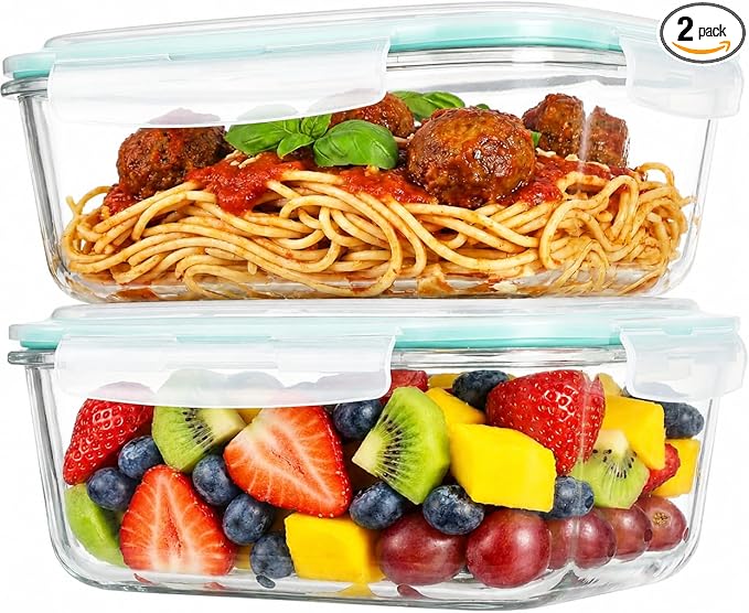 2 Pack 63oz Large Glass Storage Containers with Lids Big Meal Prep Food Container Set for Storing food, vegetables or fruits, BPA Free, Freezer Dishwasher Oven Safe