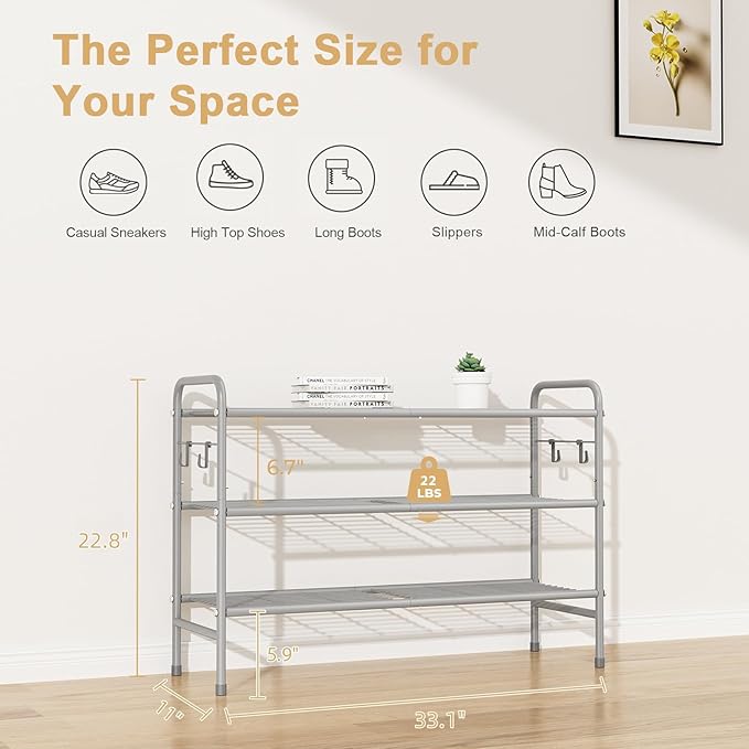 VILICK 3 Tier Shoe Rack 33" Wide Metal Shoe Organizer Long Shoe Storage with 4 Side Hooks Sturdy Shoes Shelf for Front Door Entrance, Closet, Garage, Dorm, Grey
