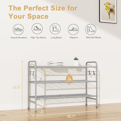 VILICK 3 Tier Shoe Rack 33" Wide Metal Shoe Organizer Long Shoe Storage with 4 Side Hooks Sturdy Shoes Shelf for Front Door Entrance, Closet, Garage, Dorm, Grey