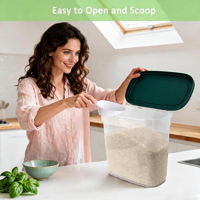 Dark Green Rice Storage Container 15-20 Lbs, Large Tall Flour Container with Lid + Scoop + Cup - Slim Dry Food Storage Bin for Cereal, Sugar, Beans, Pet Foods - Kitchen and Pantry Storage Organization