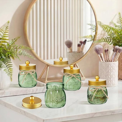 SheeChung Green Glass Qtip Holder Dispenser, Mason Jar Apothecary Jars with Lids, Bathroom Organizers and Storage, Vanity Countertop Canisters Set for Cotton Swab, Ball, Pad, Floss Pick-Gold, 2 Pack