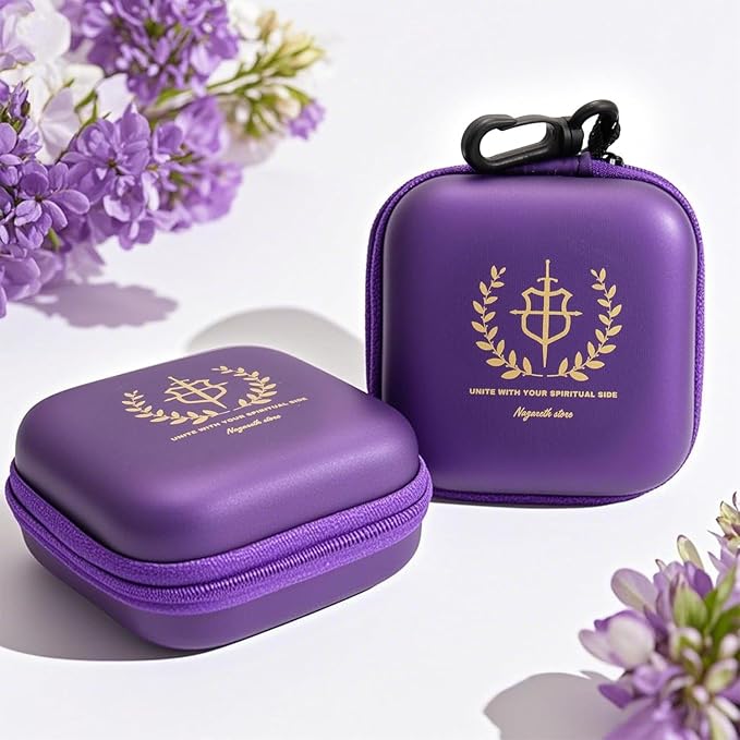 Nazareth Store Purple Rosary Case with Zipper & Clip Hard Shell Protective Prayer Beads Holder with Soft Interior & Mesh Pocket Travel Pouch for Catholic Rosaries & Religious Gifts