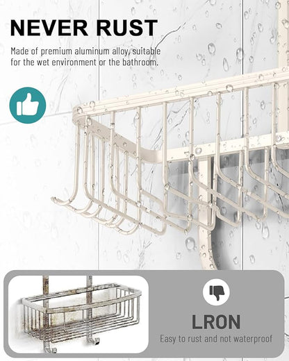 Shower Caddy Hanging - Never Rust Shower Hanging Organizer - Aluminum Over the ShowerHead Caddy with Soap Basket and 6 Hooks for Razor/Sponge (Milky White)