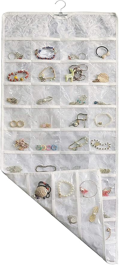 BB Brotrade Hanging Jewelry Organizer,Double Sided Jewelry Storage Organizer with Embossed Pattern,80 Clear PVC Pockets Organizer for Holding Jewelries (White)