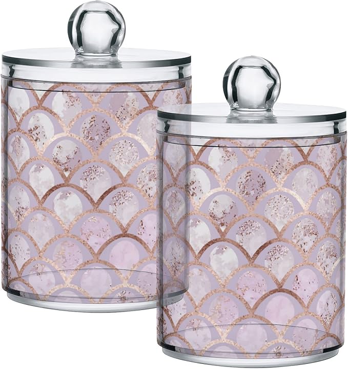 ALAZA 2 Pack Qtip Holder Dispenser Rose Gold Mermaid Pink Marble Bathroom Organizer Canisters for Cotton Balls/Swabs/Pads/Floss,Plastic Apothecary Jars for Vanity