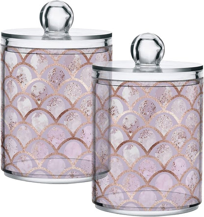 ALAZA 2 Pack Qtip Holder Dispenser Rose Gold Mermaid Pink Marble Bathroom Organizer Canisters for Cotton Balls/Swabs/Pads/Floss,Plastic Apothecary Jars for Vanity