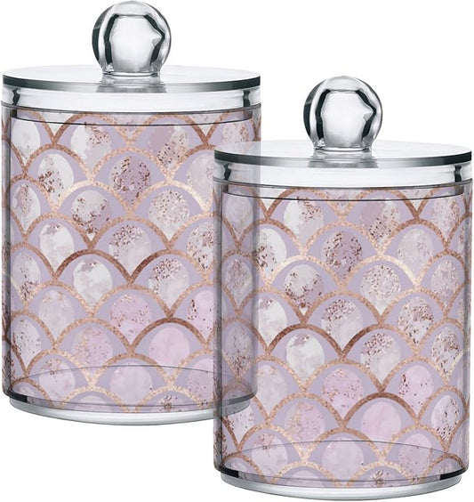 ALAZA 2 Pack Qtip Holder Dispenser Rose Gold Mermaid Pink Marble Bathroom Organizer Canisters for Cotton Balls/Swabs/Pads/Floss,Plastic Apothecary Jars for Vanity