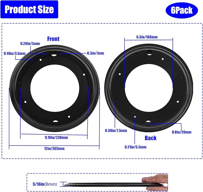 6 Packs 12'' Lazy Susan Hardware, Heavy Duty 5/16''Thick Turntable Bearing Swivel Pate for Rotating Table, Book Case, Serving Tray, Corner Shelves, Kitchen, DVD Tower, Shoe Rack, Black