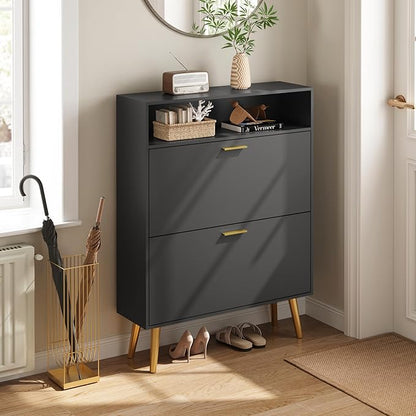 Shoe Cabinet Storage for Entryway, White Shoe Organizer with 2 Flip Drawers & Open Shelf, Freestanding Hidden Large Shoe Storage Cabinet (1pc-Black, 2 Flip Drawers with Shelf)