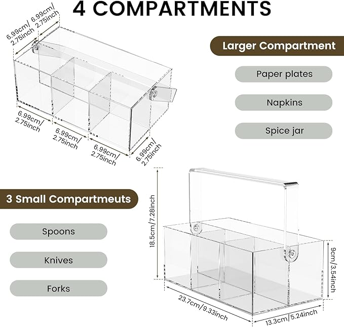 Acrylic Utensil Holder Silverware Organizer with Handle and 4 Compartments Multipurpose Party Utensil Holder for Countertop Table Buffet Picnic Clear Kitchen Space-Saving