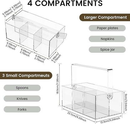 Acrylic Utensil Holder Silverware Organizer with Handle and 4 Compartments Multipurpose Party Utensil Holder for Countertop Table Buffet Picnic Clear Kitchen Space-Saving