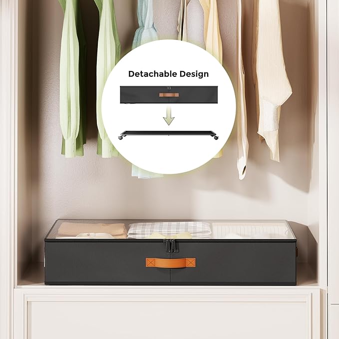 LAMU Under Bed Storage with Wheels, 2 Pack Under Bed Storage Containers with Clear Lids & Label, Rolling Under Bed Drawers for Clothes, Shoes, Blankets, Black