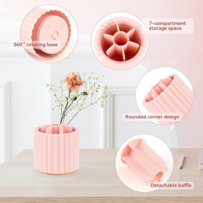 yuntop 1 Pack 360° Rotating Makeup Brush Organizer, 7 Slot Make up Brush Holder for Vanity, Dresser, Desk (Pink)