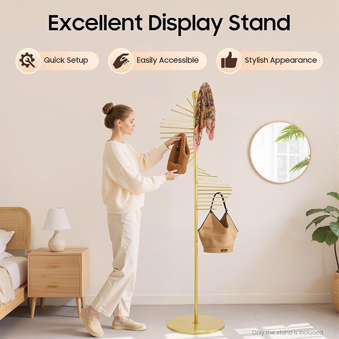 Freestanding Scarf Hanger, 30-Rod Spiral Metal Scarf Hanger Stand Gold, Hijab & Scarf Organizer Rack for Clothing Store & Home, Space Saving Scarves Hangers (Gold)