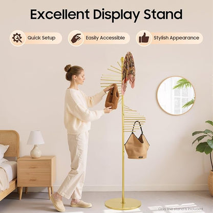 Freestanding Scarf Hanger, 30-Rod Spiral Metal Scarf Hanger Stand Gold, Hijab & Scarf Organizer Rack for Clothing Store & Home, Space Saving Scarves Hangers (Gold)