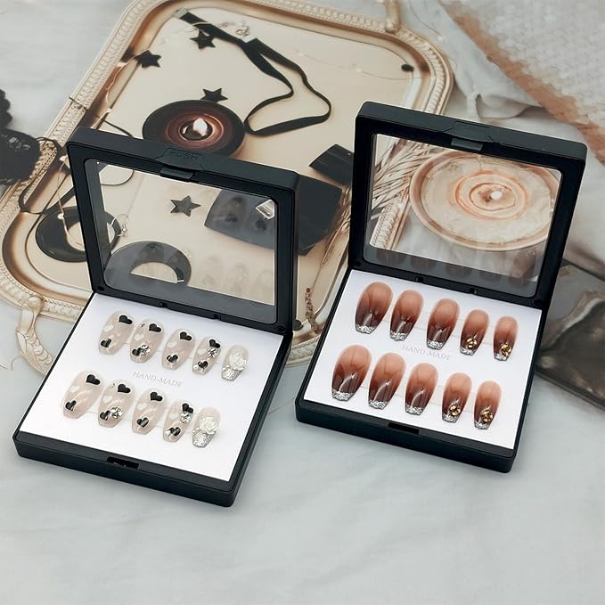 32 Pack Press On Nail Packaging Boxes 3D Floating Press On Nail Storage Box Nail Display Box with 90pcs Double Sided Adhesive Nail Display Tape for Nail Tech