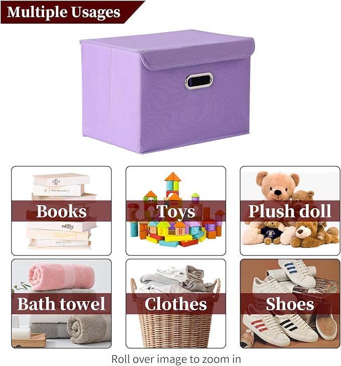 STOREONE Fabric Storage Cube Bins Foldable Organizer Container Collapsible Basket with Lids and Metal Handles, for Home, Bedroom, Closet 6 Pcs (multicolour)