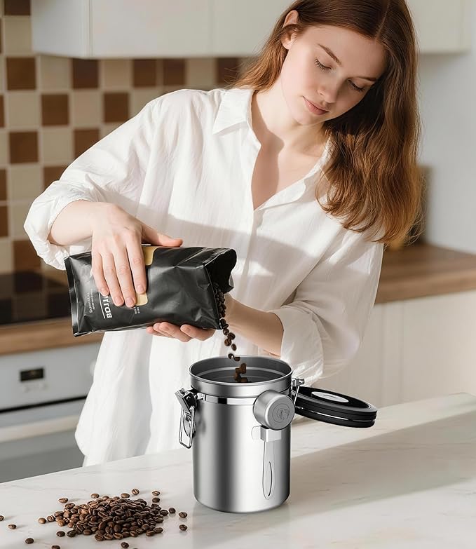 Coffee Gator Coffee Canister - 22oz, Airtight Stainless Steel Kitchen Food Storage Container with Date Tracker, Scoop for Grounds Coffee Bar Accessories, Beans, Tea, Sugar, Flour, Cereal - Silver